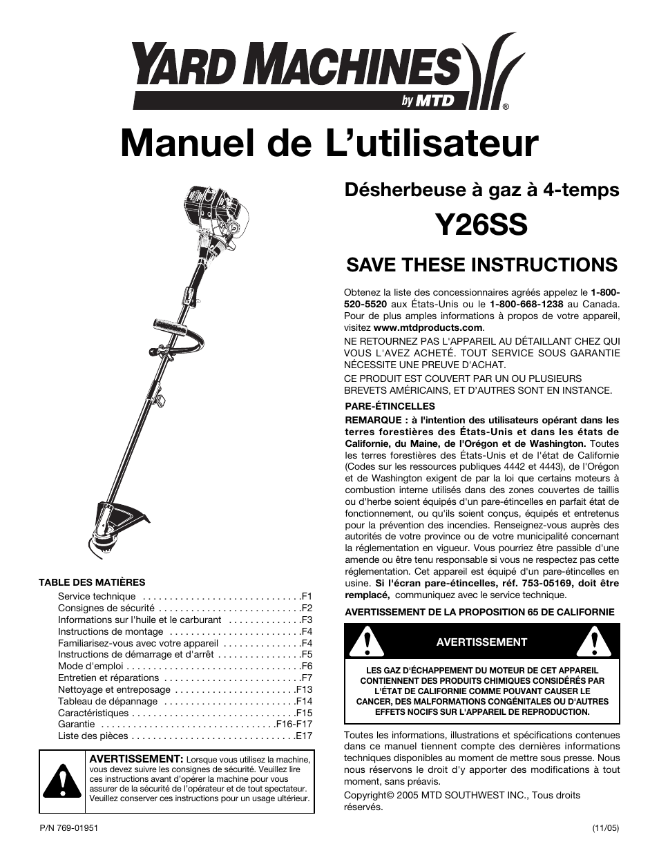 Manuel de l’utilisateur, Y26ss, Désherbeuse à gaz à 4-temps | Save these instructions | MTD Y26SS User Manual | Page 19 / 56