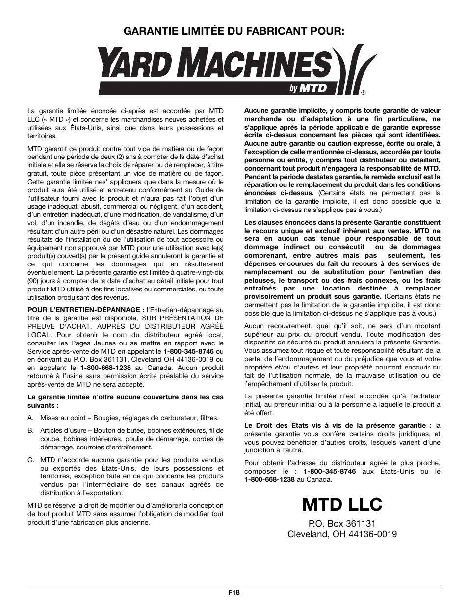 Mtd llc, Garantie limitée du fabricant pour | MTD Y26SS User Manual | Page 36 / 56