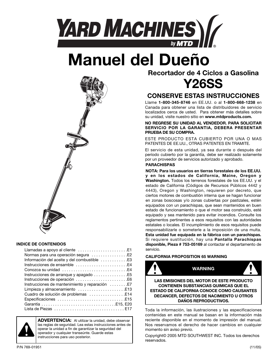 Manuel del dueño, Y26ss, Recortador de 4 ciclos a gasolina | Conserve estas instrucciones | MTD Y26SS User Manual | Page 37 / 56