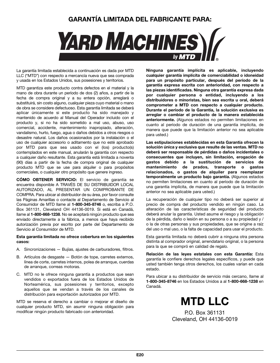 Mtd llc, Garantía limitada del fabricante para | MTD Y26SS User Manual | Page 56 / 56