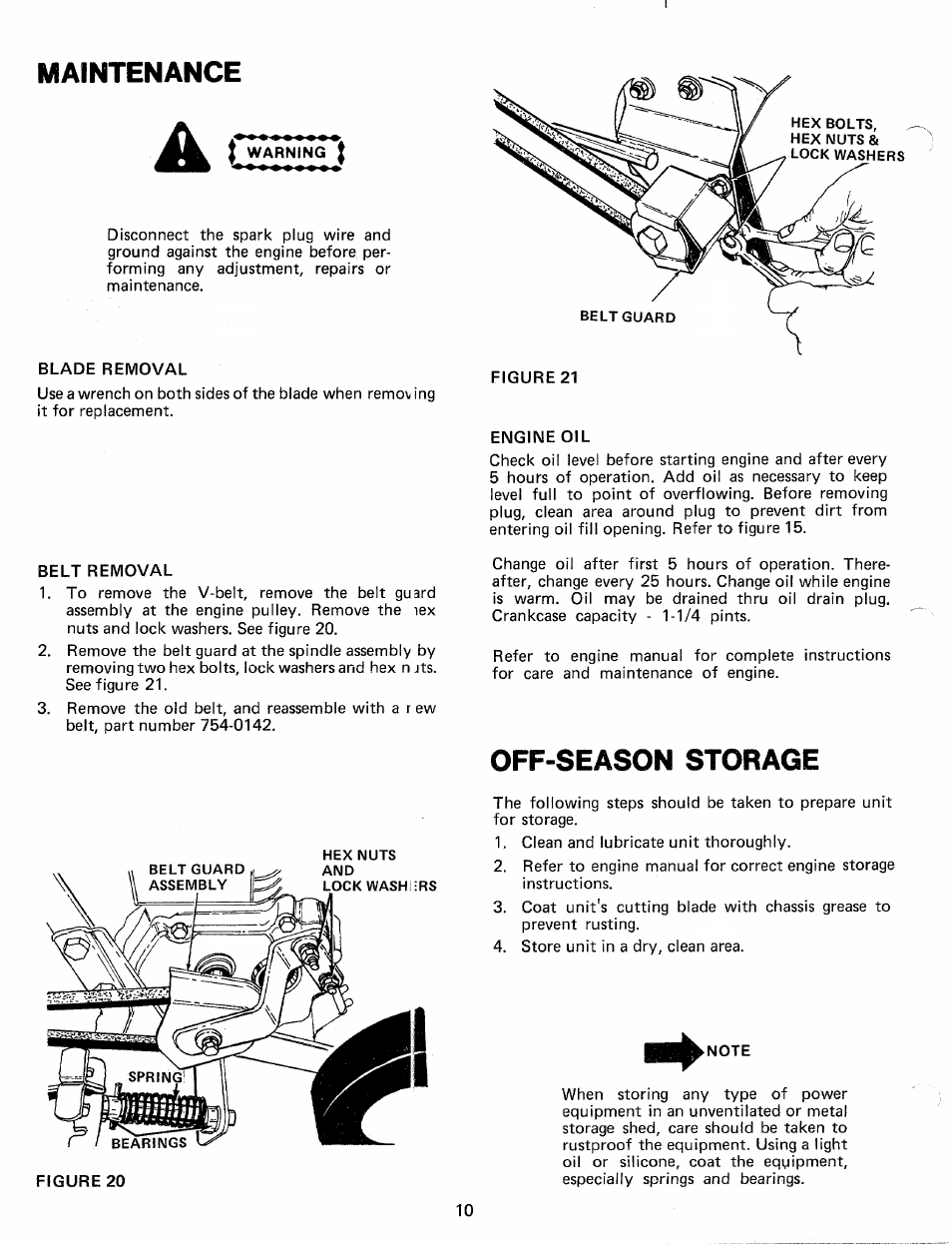 Maintenance, Blade removal, Belt removal | Engine oil, Off-season storage | MTD 24604C User Manual | Page 10 / 14