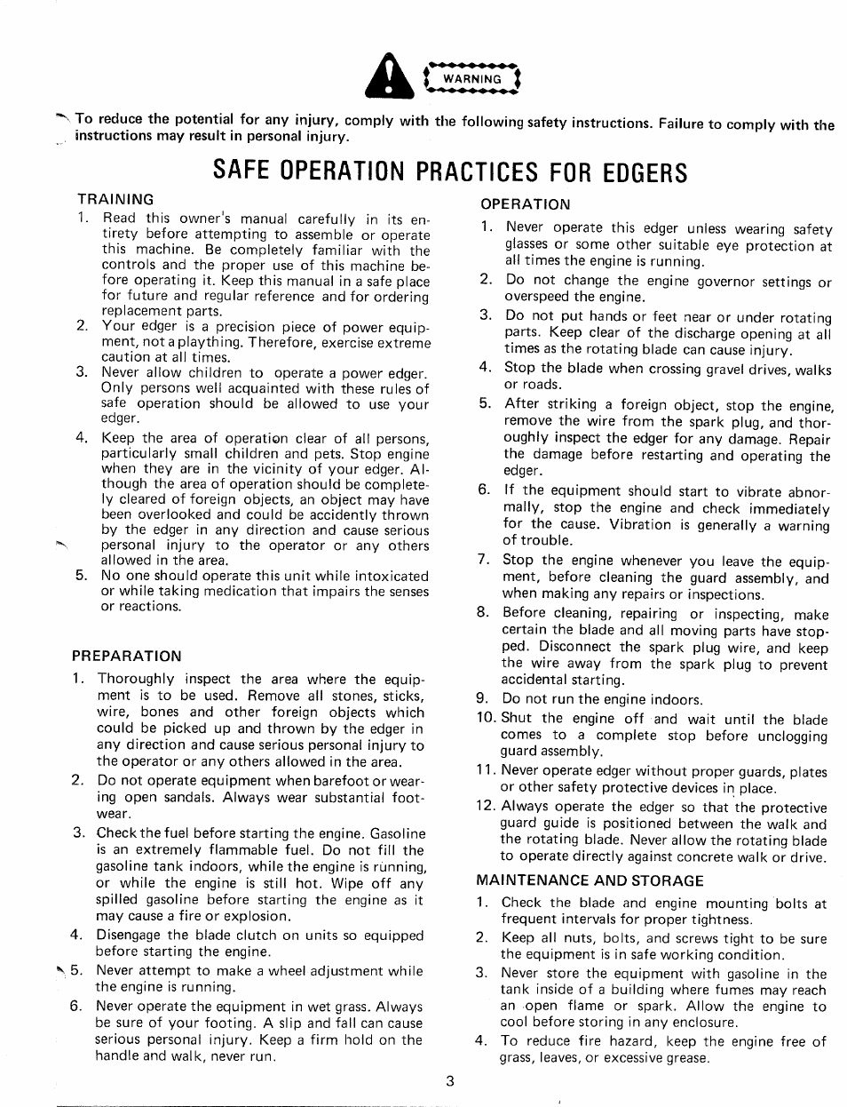 Safe operation practices for edgers, Training, Preparation | Operation, Maintenance and storage | MTD 24604C User Manual | Page 3 / 14