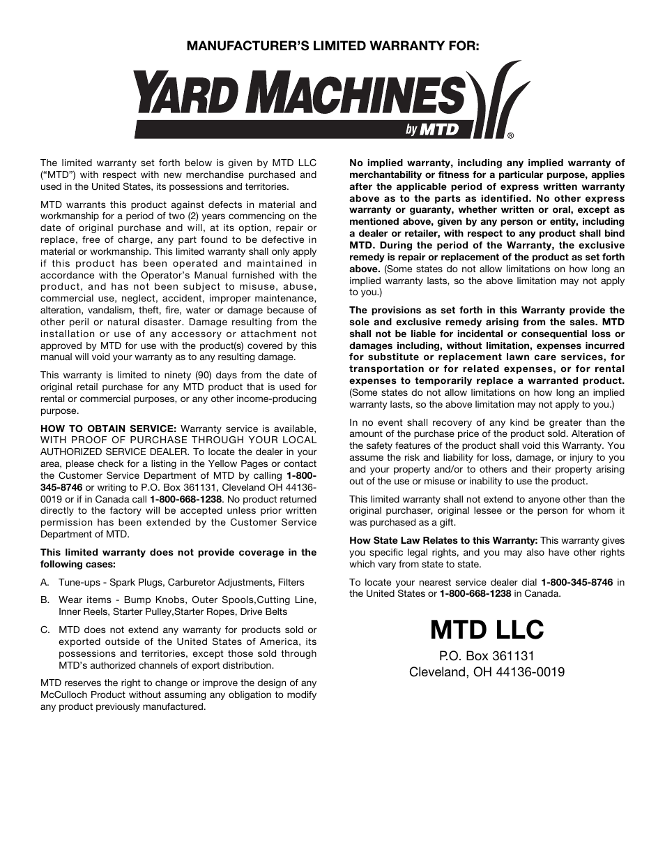 Mtd llc | MTD Y780 User Manual | Page 18 / 56