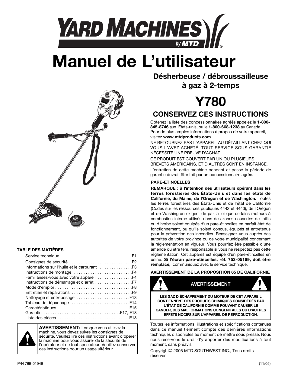 Manuel de l’utilisateur, Y780, Désherbeuse / débroussailleuse à gaz à 2-temps | Conservez ces instructions | MTD Y780 User Manual | Page 19 / 56