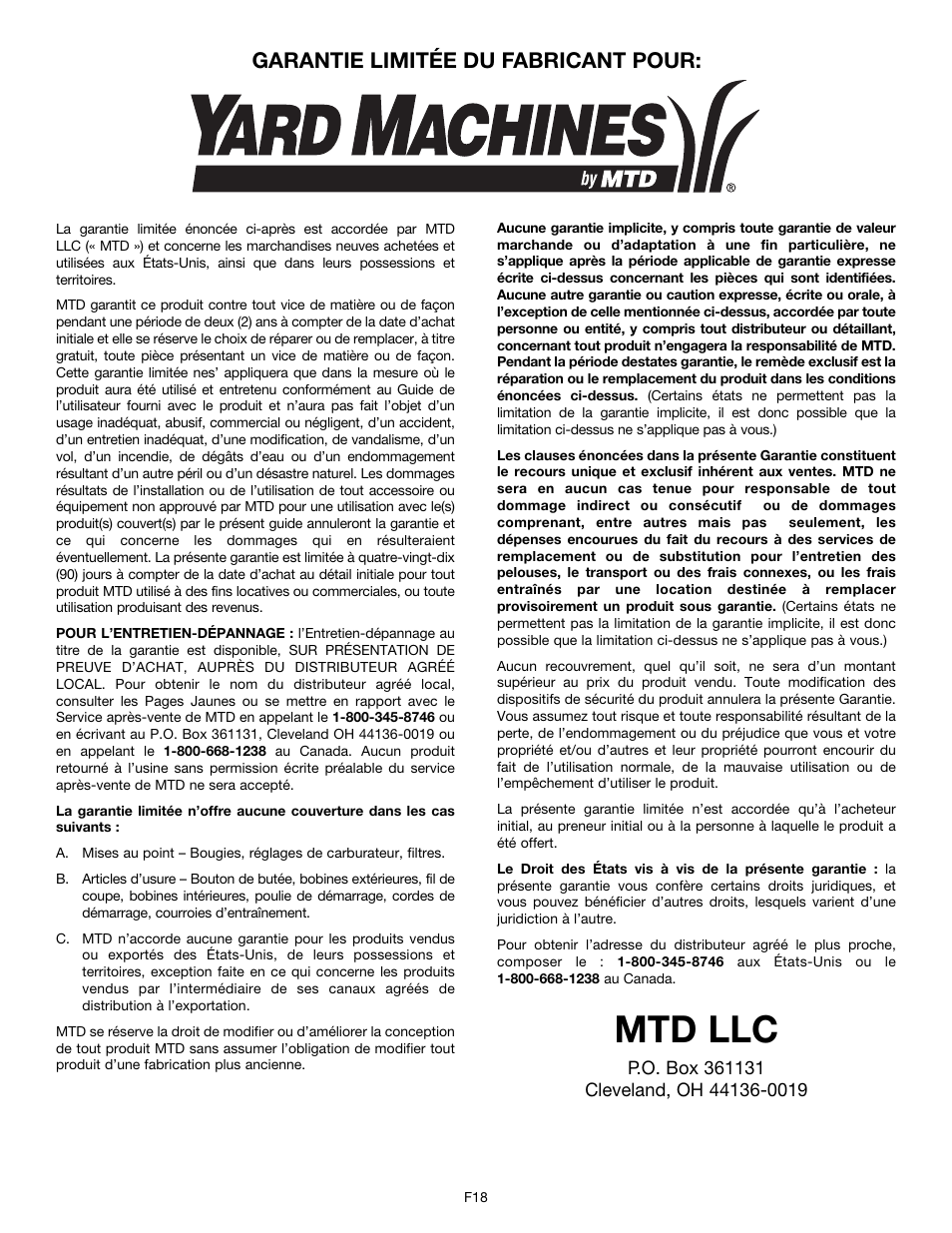 Mtd llc, Garantie limitée du fabricant pour | MTD Y780 User Manual | Page 36 / 56