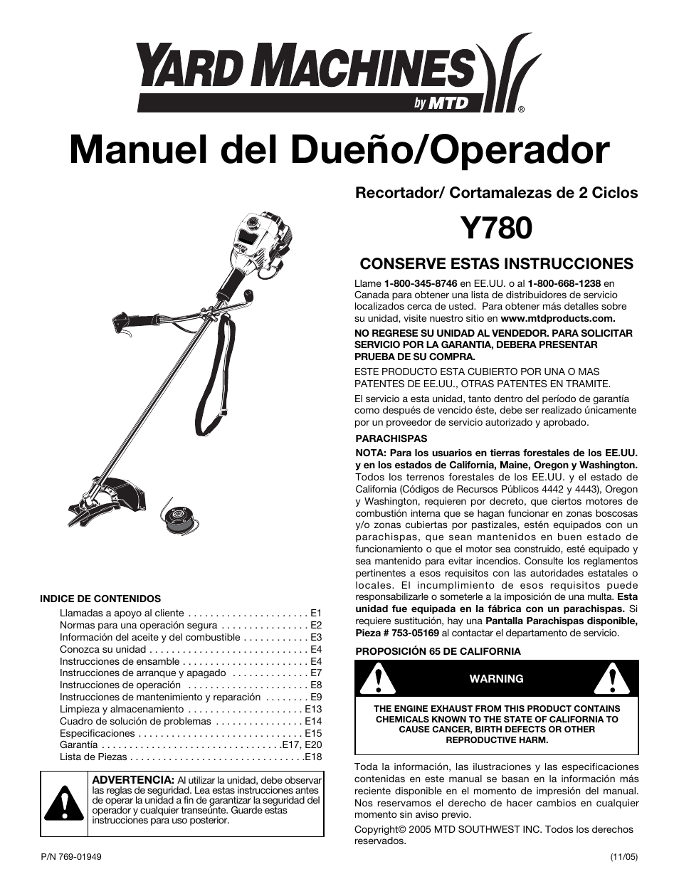 Manuel del dueño/operador, Y780, Recortador/ cortamalezas de 2 ciclos | Conserve estas instrucciones | MTD Y780 User Manual | Page 37 / 56