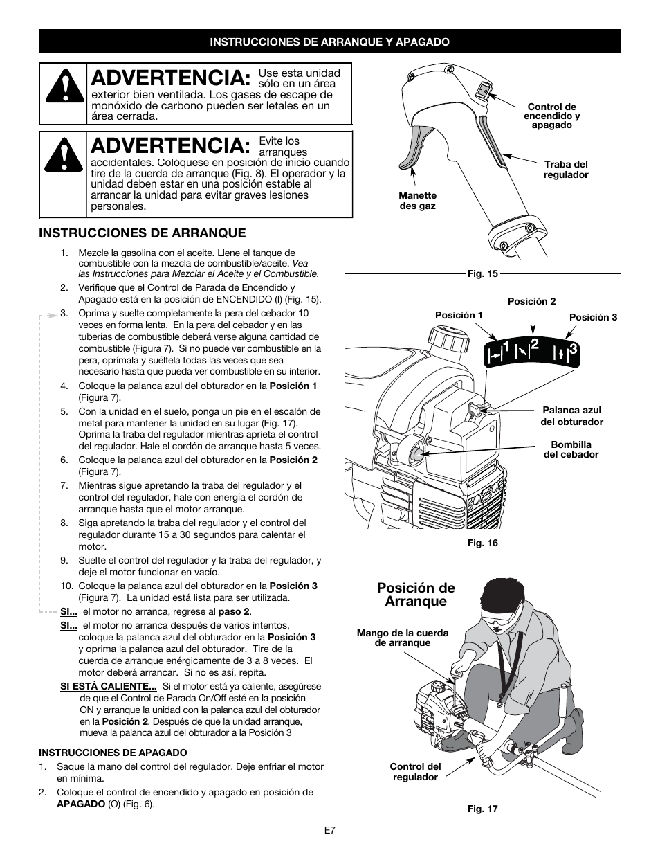 Advertencia, Posición de arranque | MTD Y780 User Manual | Page 43 / 56