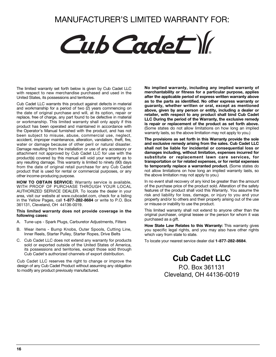 Manufacturer’s limited warranty for, Cub cadet llc | MTD CC4125 / CC4175 User Manual | Page 16 / 48