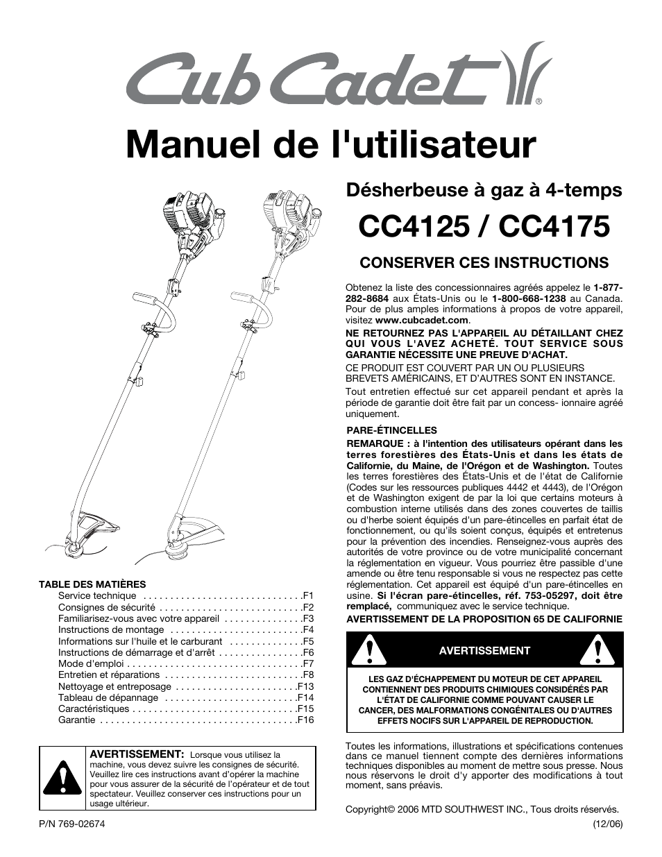 Manuel de l'utilisateur, Désherbeuse à gaz à 4-temps, Conserver ces instructions | MTD CC4125 / CC4175 User Manual | Page 17 / 48