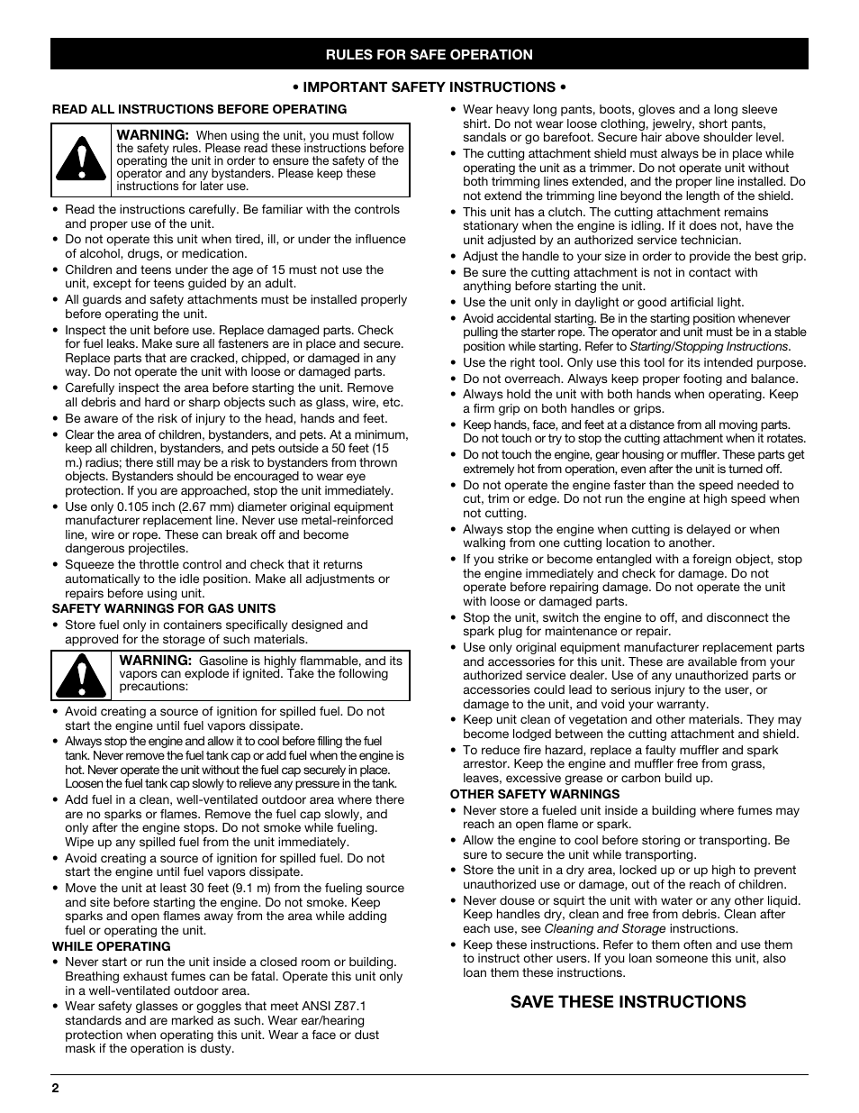 Save these instructions | MTD CC4125 / CC4175 User Manual | Page 2 / 48