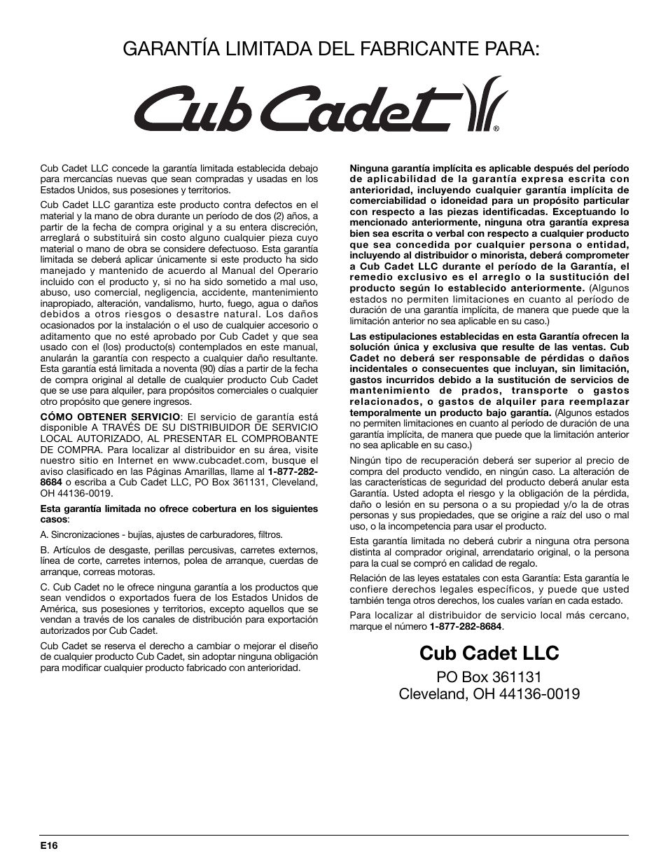 Garantía limitada del fabricante para, Cub cadet llc | MTD CC4125 / CC4175 User Manual | Page 48 / 48