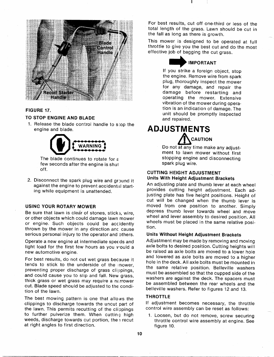 To stop engine and blade, Warning, Using your rotary mower | Important, Adjustments, Caution, Throttle | MTD 114-050-000 User Manual | Page 10 / 19