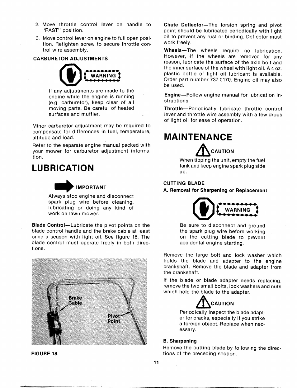 Carburetor adjustments, I warning, Lubrication | Maintenance, Caution, Important, Pivot, Cutting blade, Warning, B. sharpening | MTD 114-050-000 User Manual | Page 11 / 19