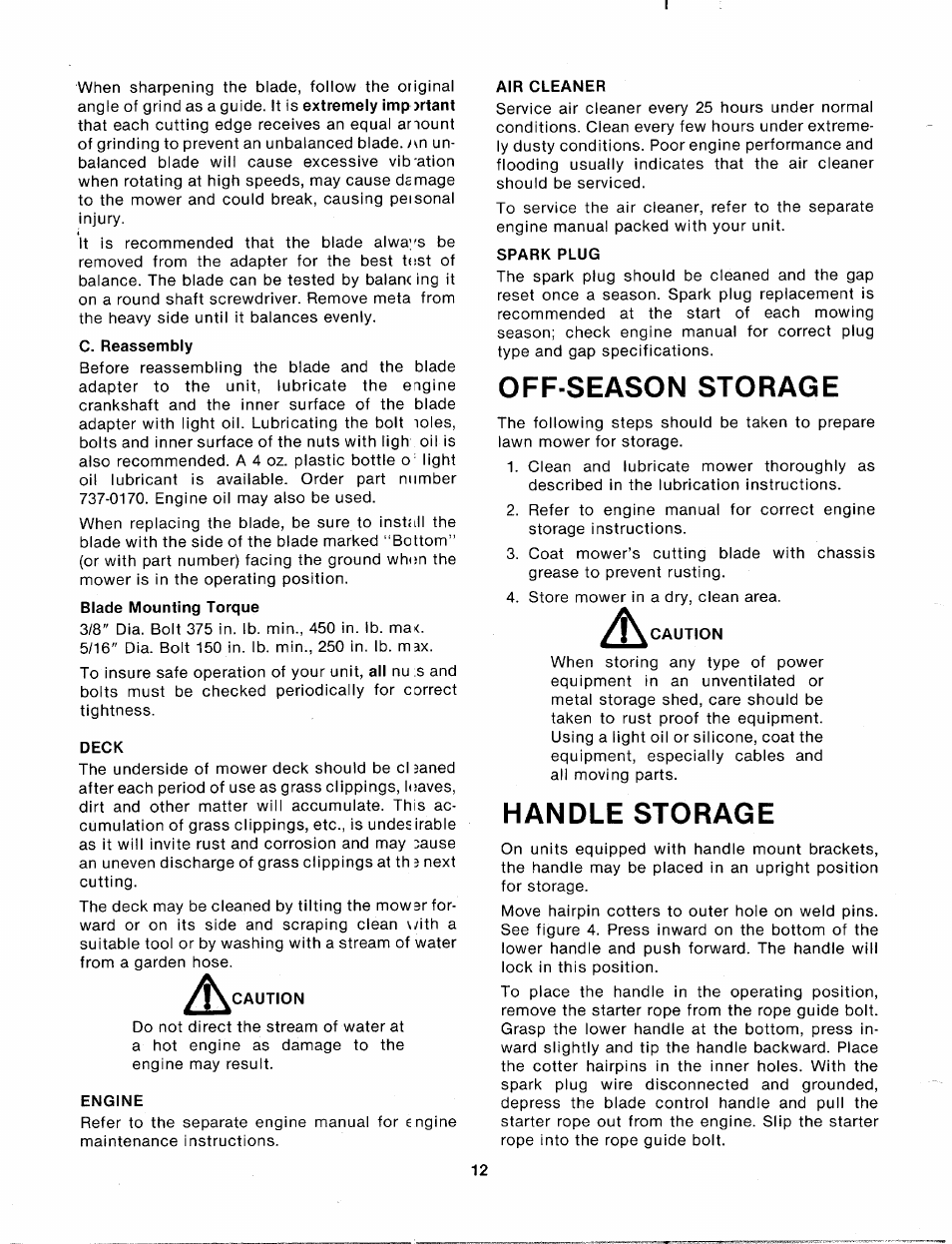 Off season storage, Handle storage | MTD 114-050-000 User Manual | Page 12 / 19