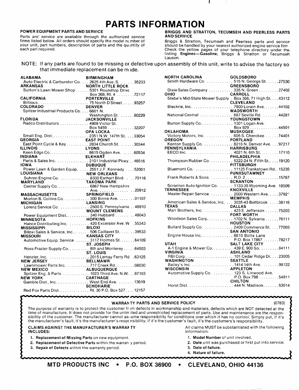 Parts information | MTD 114-050-000 User Manual | Page 19 / 19