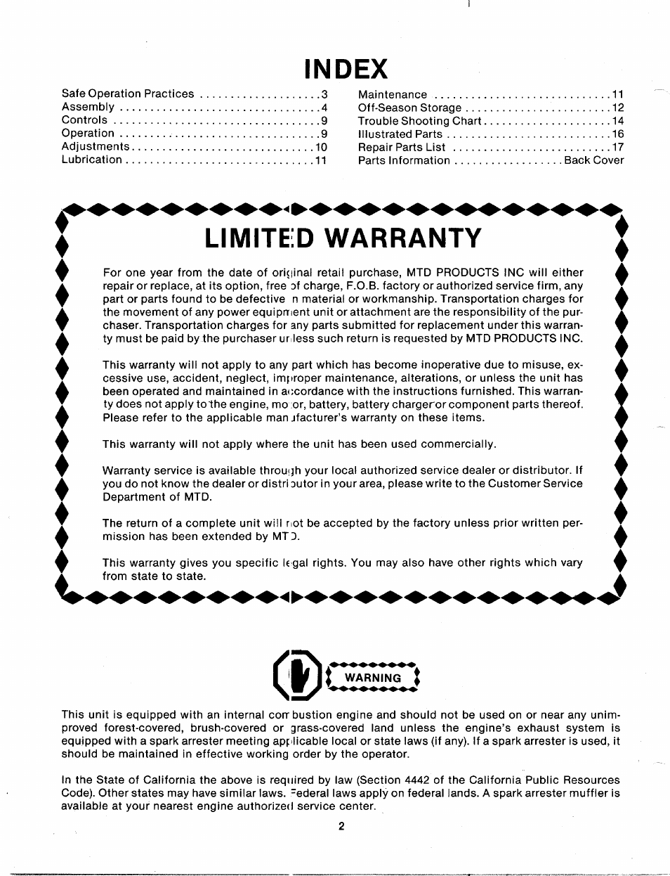 Index, Limited warranty | MTD 114-050-000 User Manual | Page 2 / 19