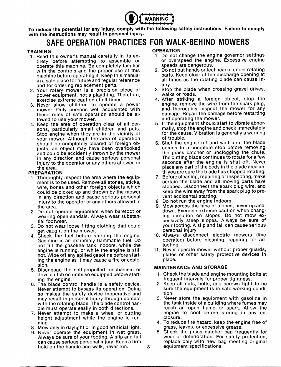 Safe operation practices for walk-behind mowers | MTD 114-050-000 User Manual | Page 3 / 19