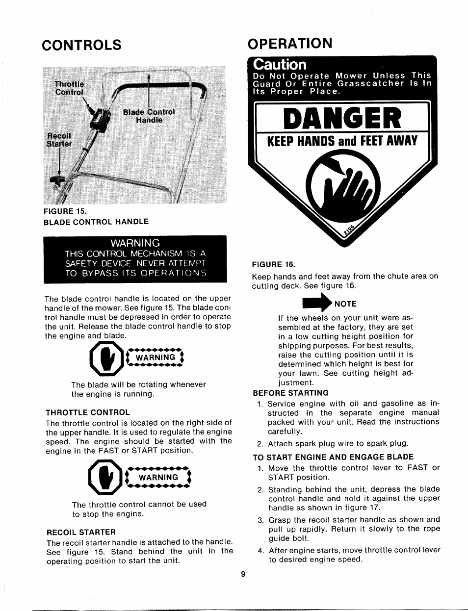 Throttle, Figure 15, Blade control handle | Warning, Throttle control, Warning i, Recoil starter, Note, Before starting, To start engine and engage blade | MTD 114-050-000 User Manual | Page 9 / 19