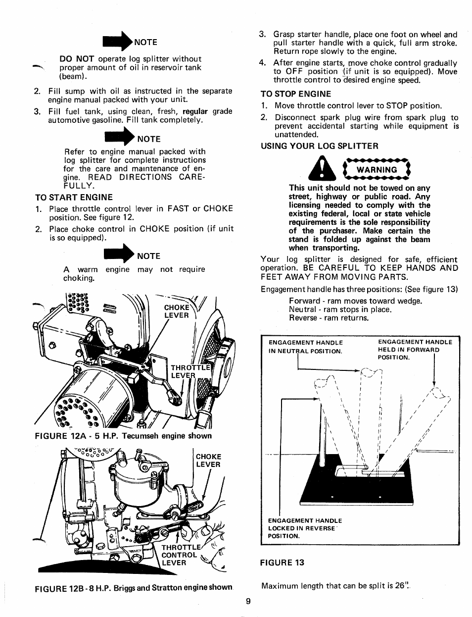 Note, To start engine, To stop engine | Using your log splitter | MTD 24642S User Manual | Page 9 / 16