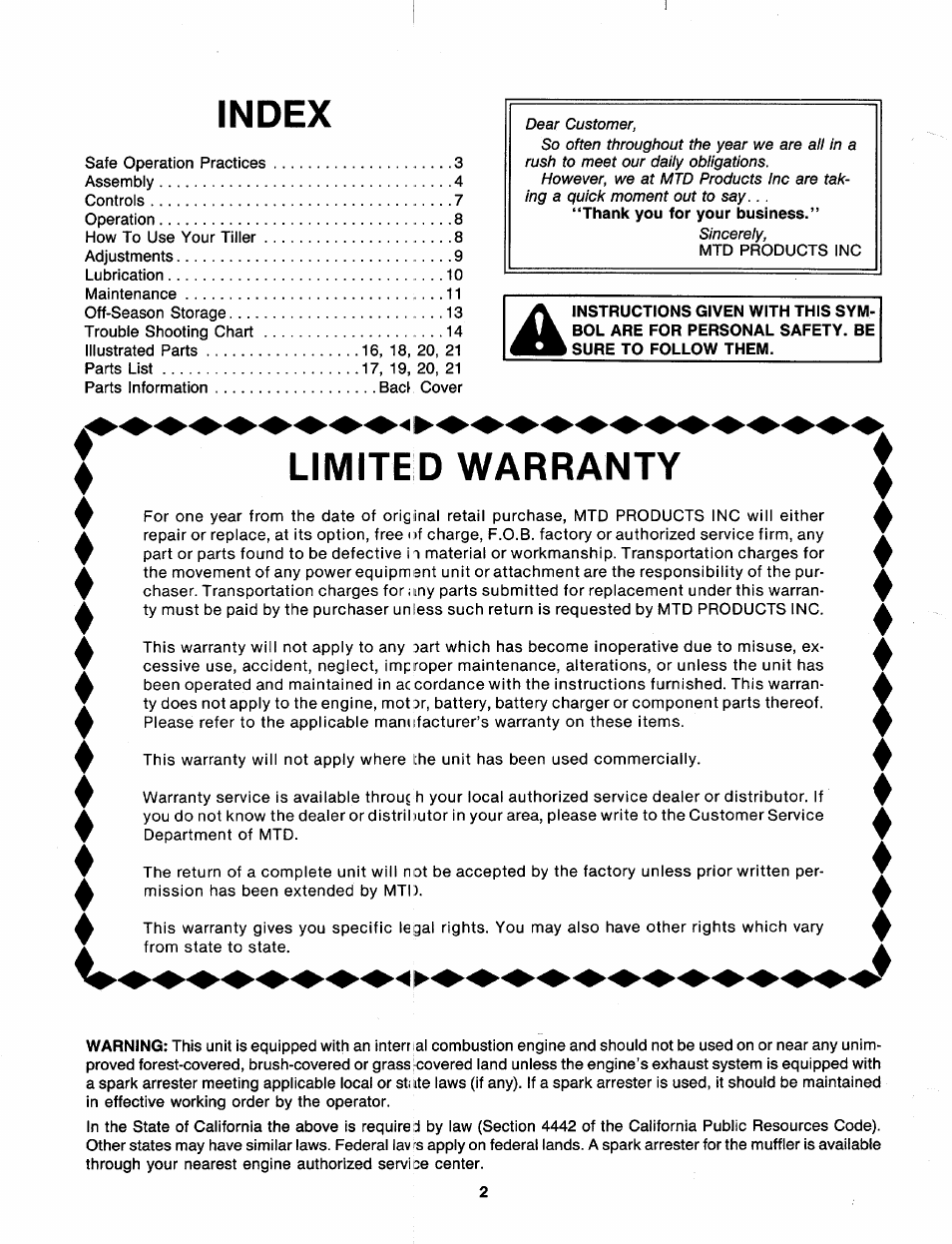 Index, Limited warranty | MTD 218-402-000 User Manual | Page 2 / 23