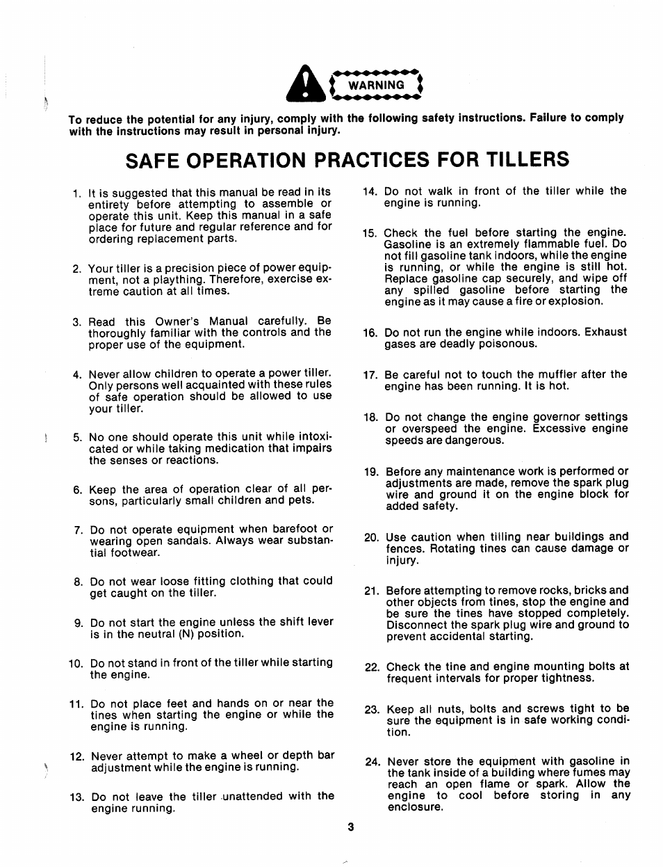 Safe operation practices for tillers | MTD 218-402-000 User Manual | Page 3 / 23