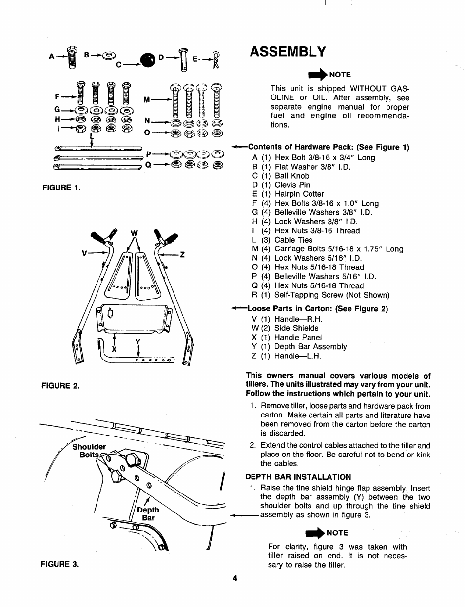 Assembly, Note, Contents of hardware pack: (see figure 1) | Loose parts in carton: (see figure 2), Depth bar installation | MTD 218-402-000 User Manual | Page 4 / 23