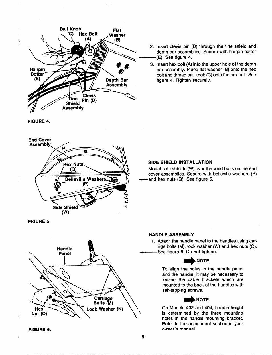 Side shield installation, Handle assembly, Note | MTD 218-402-000 User Manual | Page 5 / 23