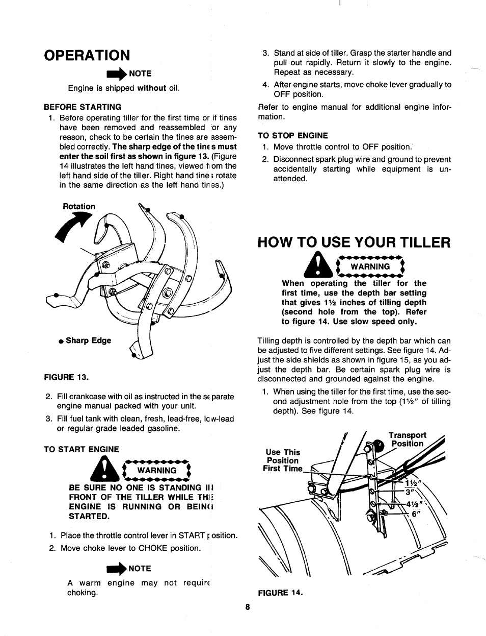 Operation, Note, Before starting | To stop engine, To start engine, How to use your tiller, Jhow to use your tiller | MTD 218-402-000 User Manual | Page 8 / 23