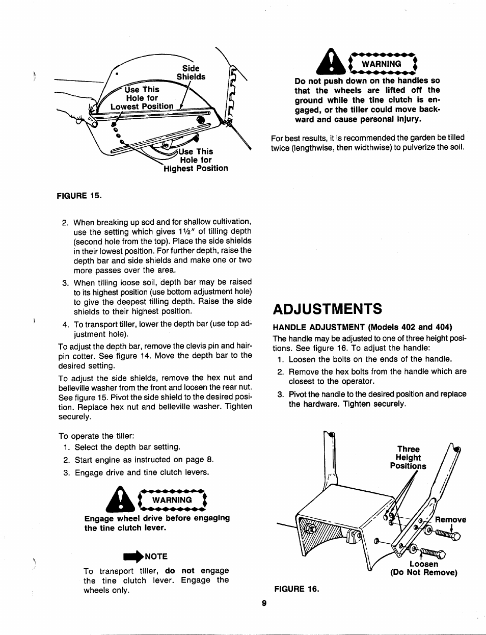 Warning i, Note, Adjustments | MTD 218-402-000 User Manual | Page 9 / 23