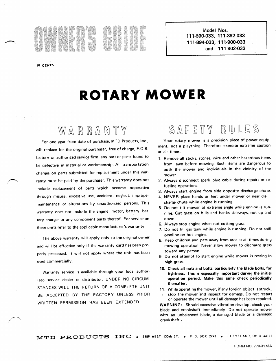 MTD 110-900-033 User Manual | 4 pages