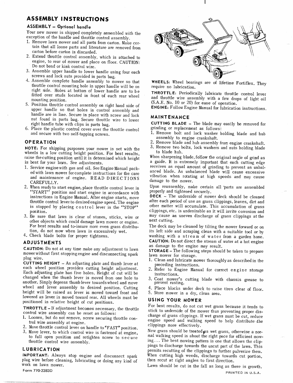 Assembly — optional handle, Operation, Adjustments | Lubrication, Maintenance, Using your mower, Assembly | MTD 110-900-033 User Manual | Page 4 / 4