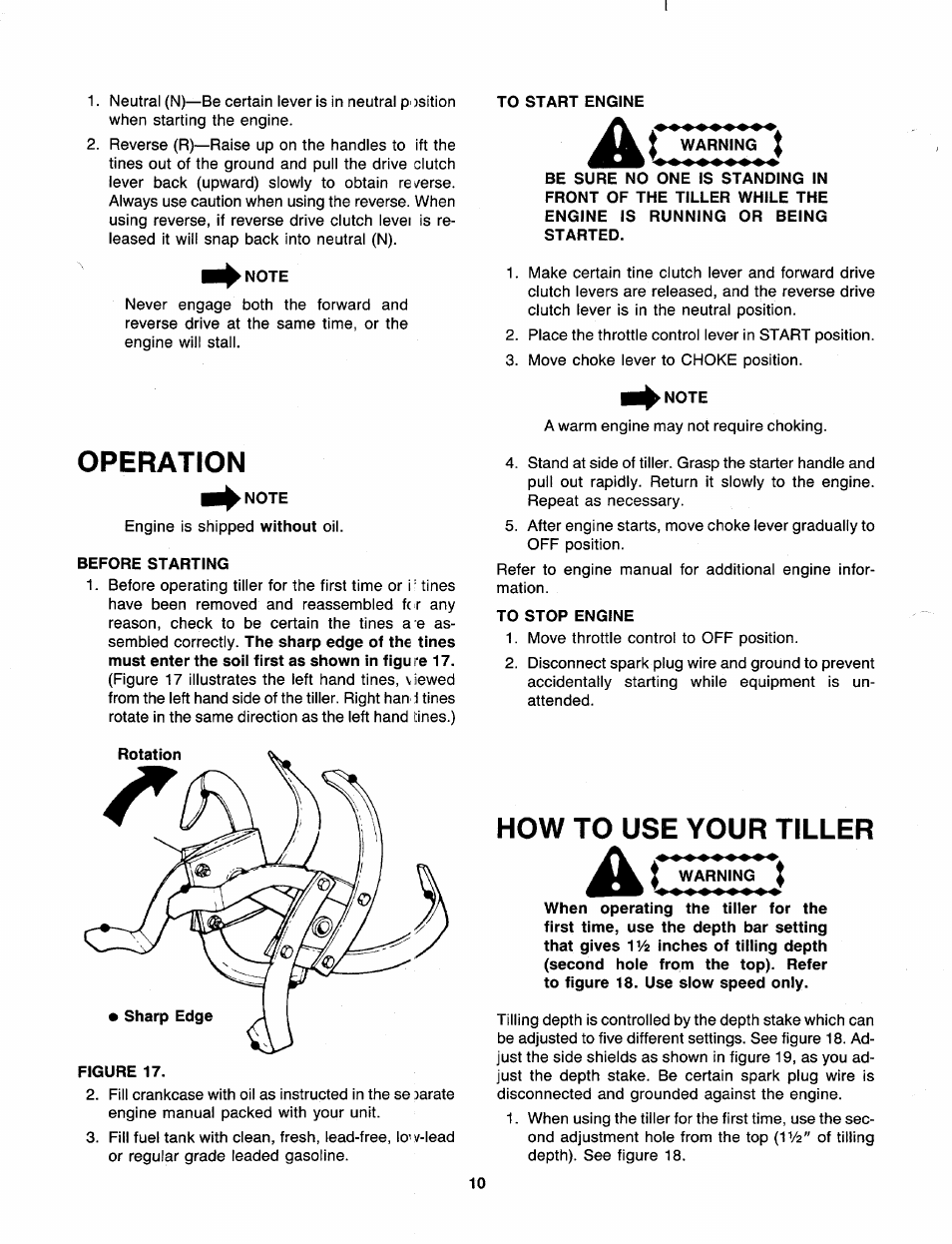 Note, To start engine, Operation | Before starting, Warning, To stop engine, How to use your tiller, Operation how to use your tiller | MTD 219-406-000 User Manual | Page 10 / 24