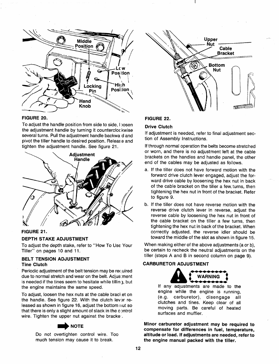 Depth stake adjustment, Belt tension adjustment tine clutch, Note | Drive clutch, Carburetor adjustment, Warning | MTD 219-406-000 User Manual | Page 12 / 24