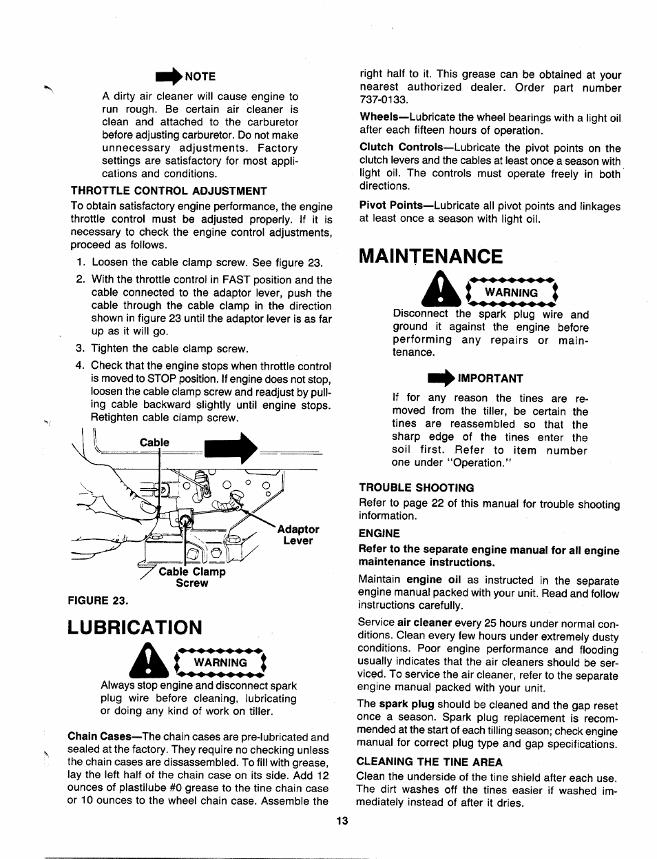 Note, Throttle control adjustment, Cable clamp screw | Figure 23, Lubrication, Warning, Important, Trouble shooting, Engine, Cleaning the tine area | MTD 219-406-000 User Manual | Page 13 / 24