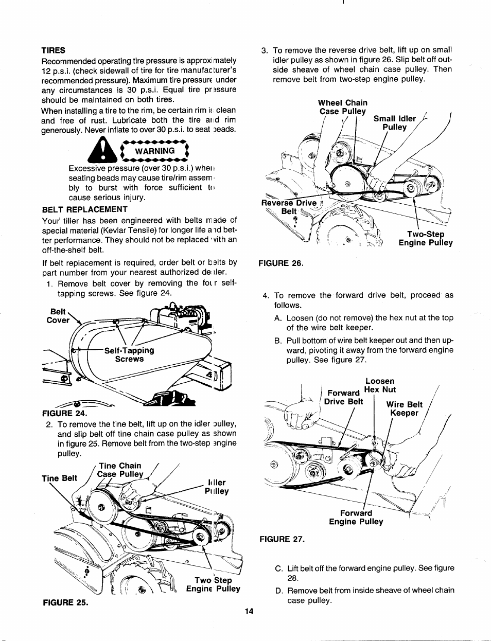 Tires, Warning, Belt replacement | MTD 219-406-000 User Manual | Page 14 / 24