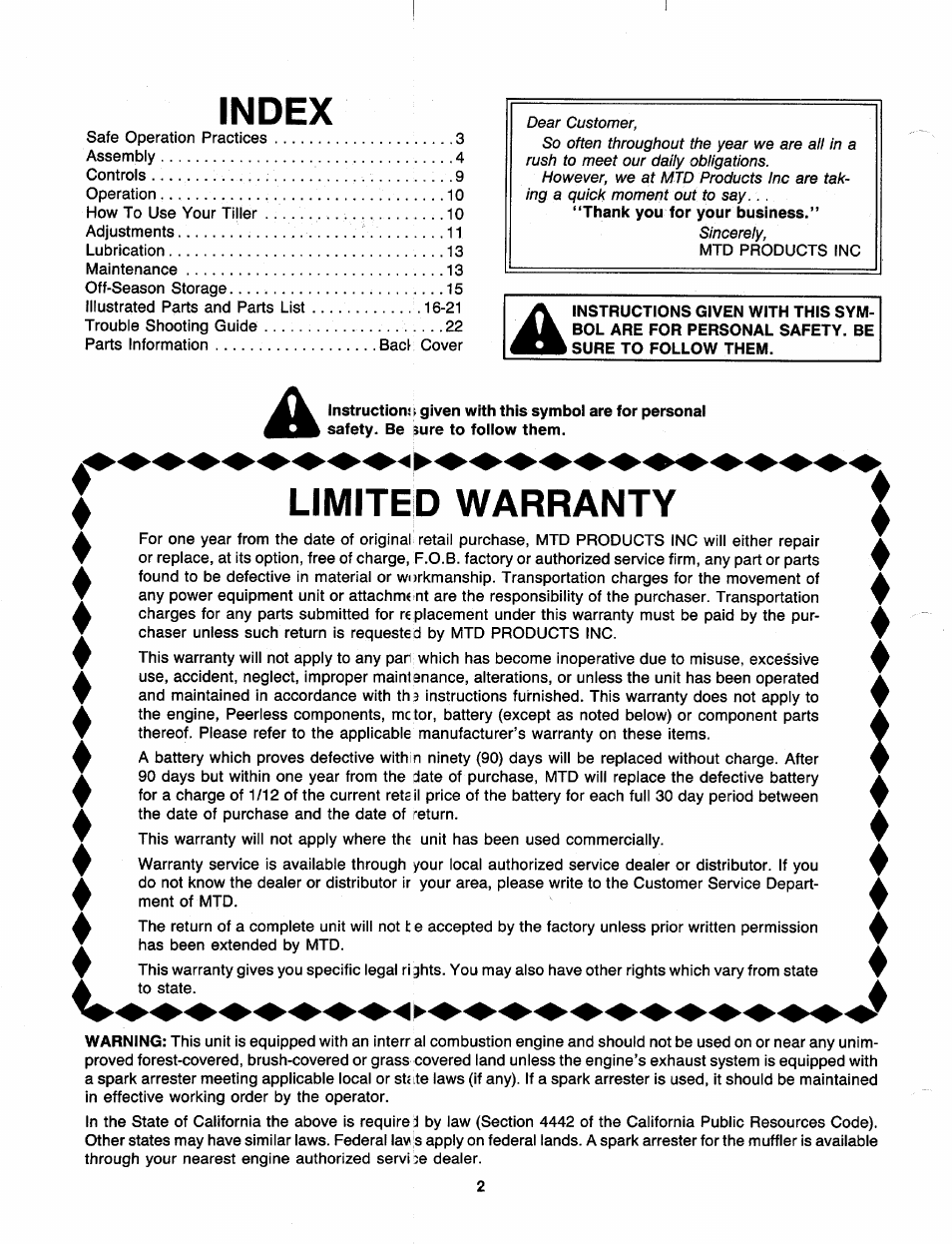 Index, Vlimited warranty | MTD 219-406-000 User Manual | Page 2 / 24