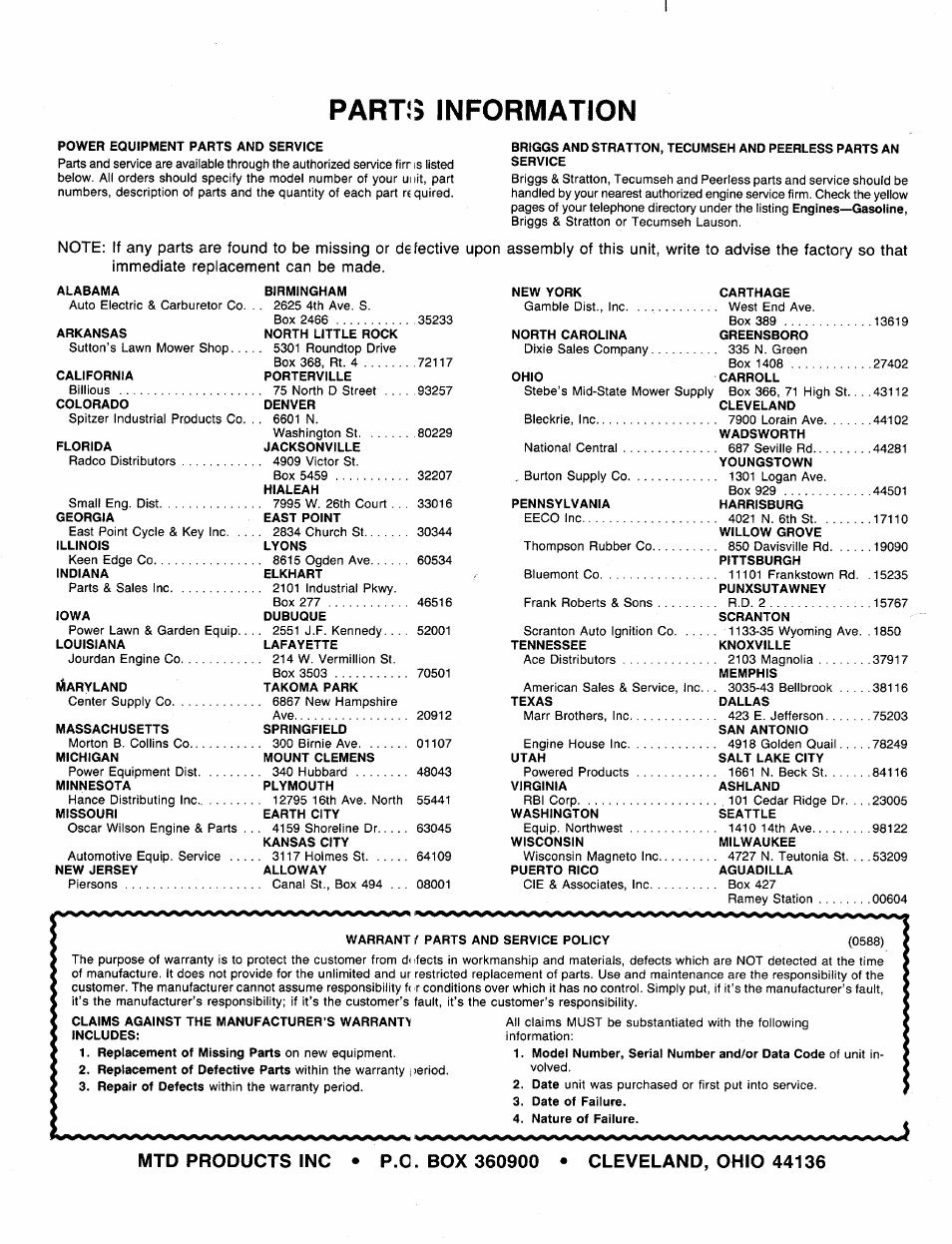 Parts information | MTD 219-406-000 User Manual | Page 24 / 24