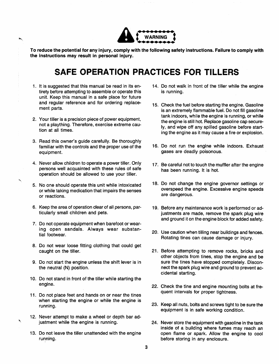 I warning i, Safe operation practices for tillers | MTD 219-406-000 User Manual | Page 3 / 24