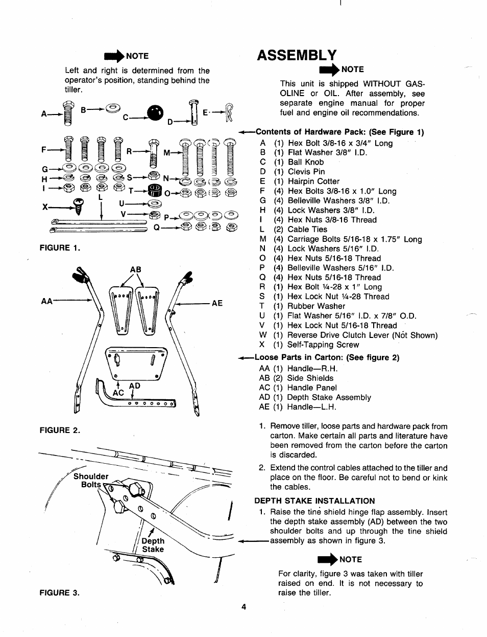 Note, Assembly, Contents of hardware pack; (see figure 1) | Depth stake installation, Assembiy | MTD 219-406-000 User Manual | Page 4 / 24