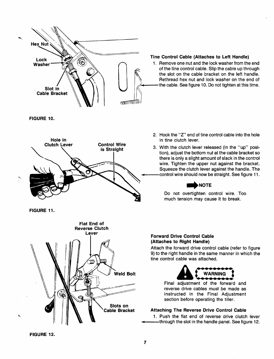 Tine control cable (attaches to left handle), Note, Warning i | Attaching the reverse drive control cable | MTD 219-406-000 User Manual | Page 7 / 24