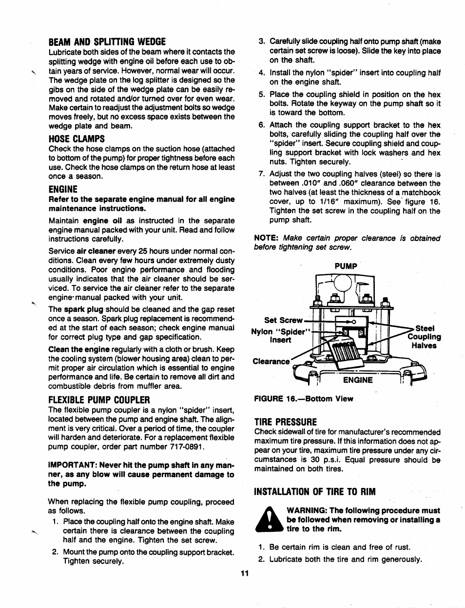 Beam and splining wedge, Hose clamps, Engine | Flexible pump coupler, Tire pressure, Installation of tire to rim | MTD 241-521-000 User Manual | Page 11 / 18