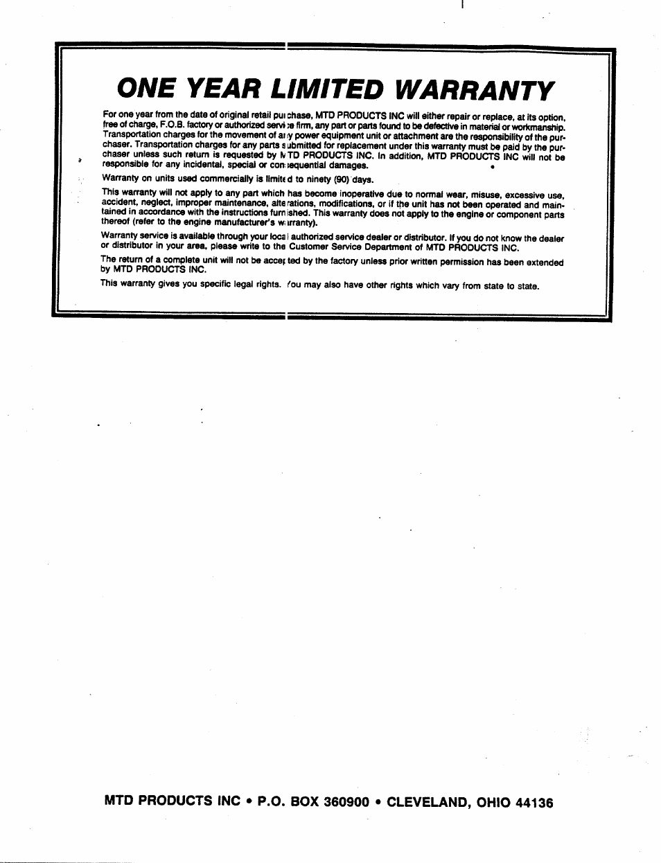 One year limited warranty | MTD 241-521-000 User Manual | Page 18 / 18