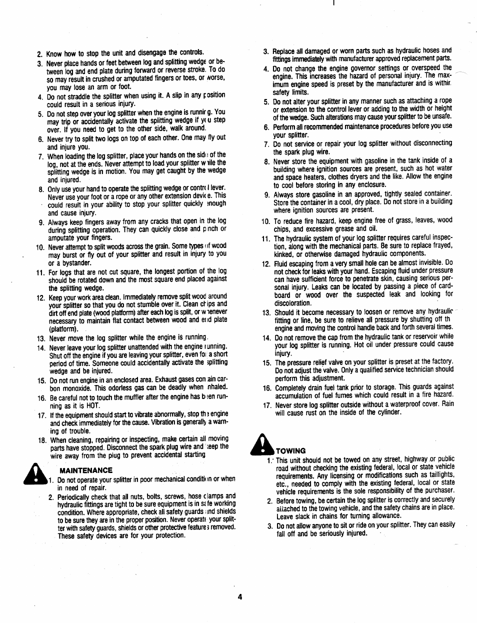 Maintenance, Towing | MTD 241-521-000 User Manual | Page 4 / 18