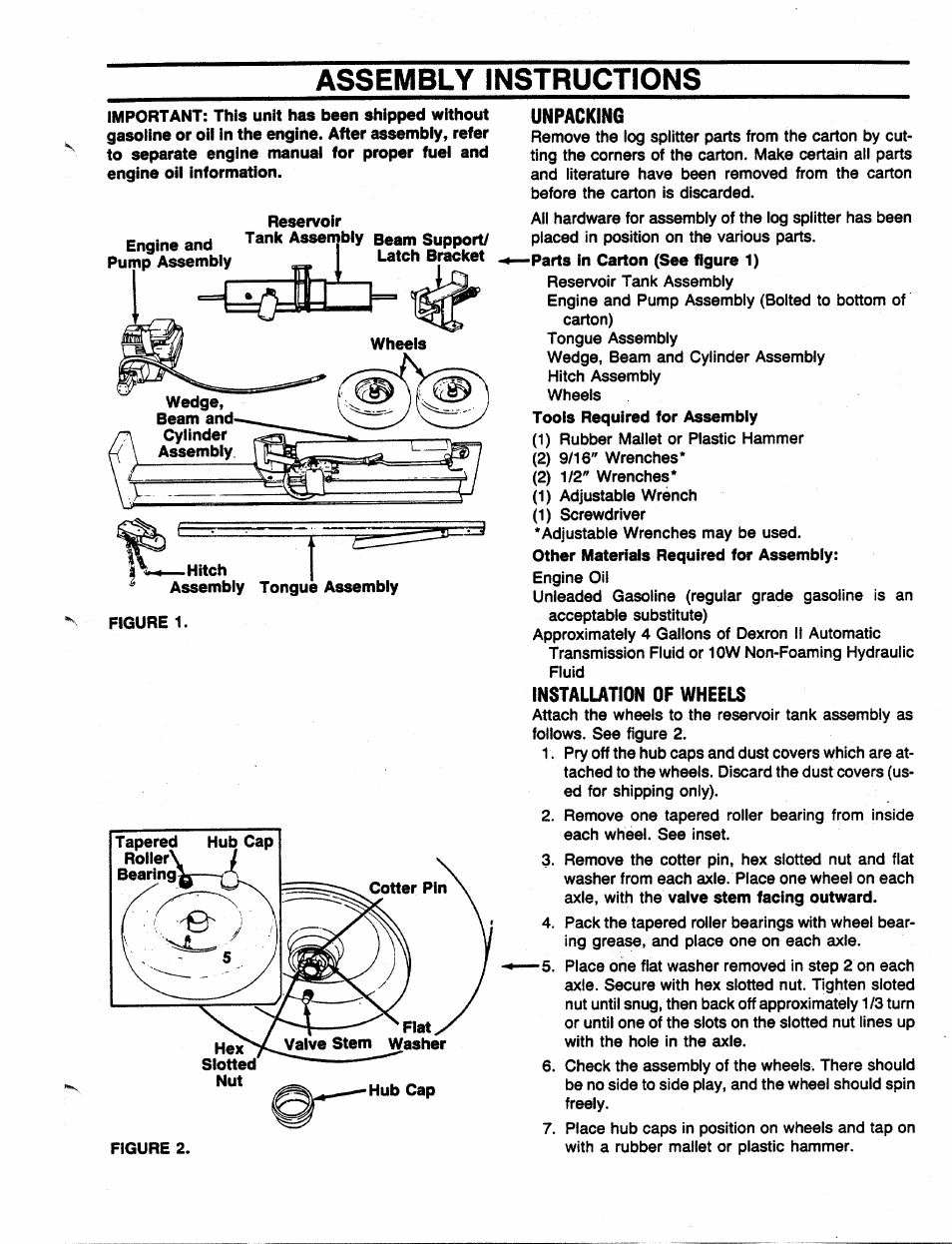 Assembly instructions, Unpacking, Installation of wheels | Parts in carton (see figure 1), Tools required for assembly, Other materials required for assembly, Valve stem facing outward | MTD 241-521-000 User Manual | Page 5 / 18