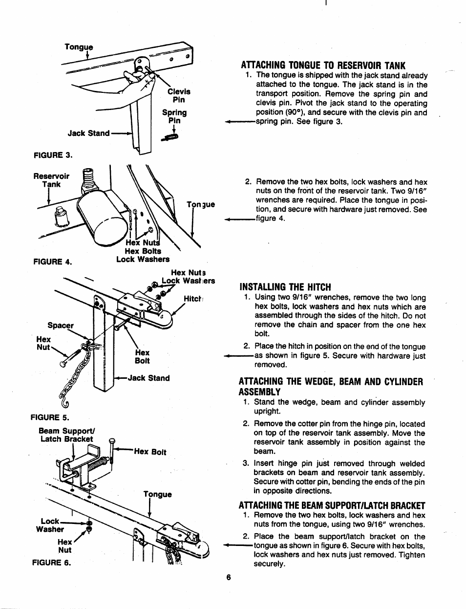Ahaching tongue to reservoir tank, Installing the hitch, Ahaching the wedge, beam and cylinder assembly | Ahaching the beam suppdrt/latch bracket | MTD 241-521-000 User Manual | Page 6 / 18