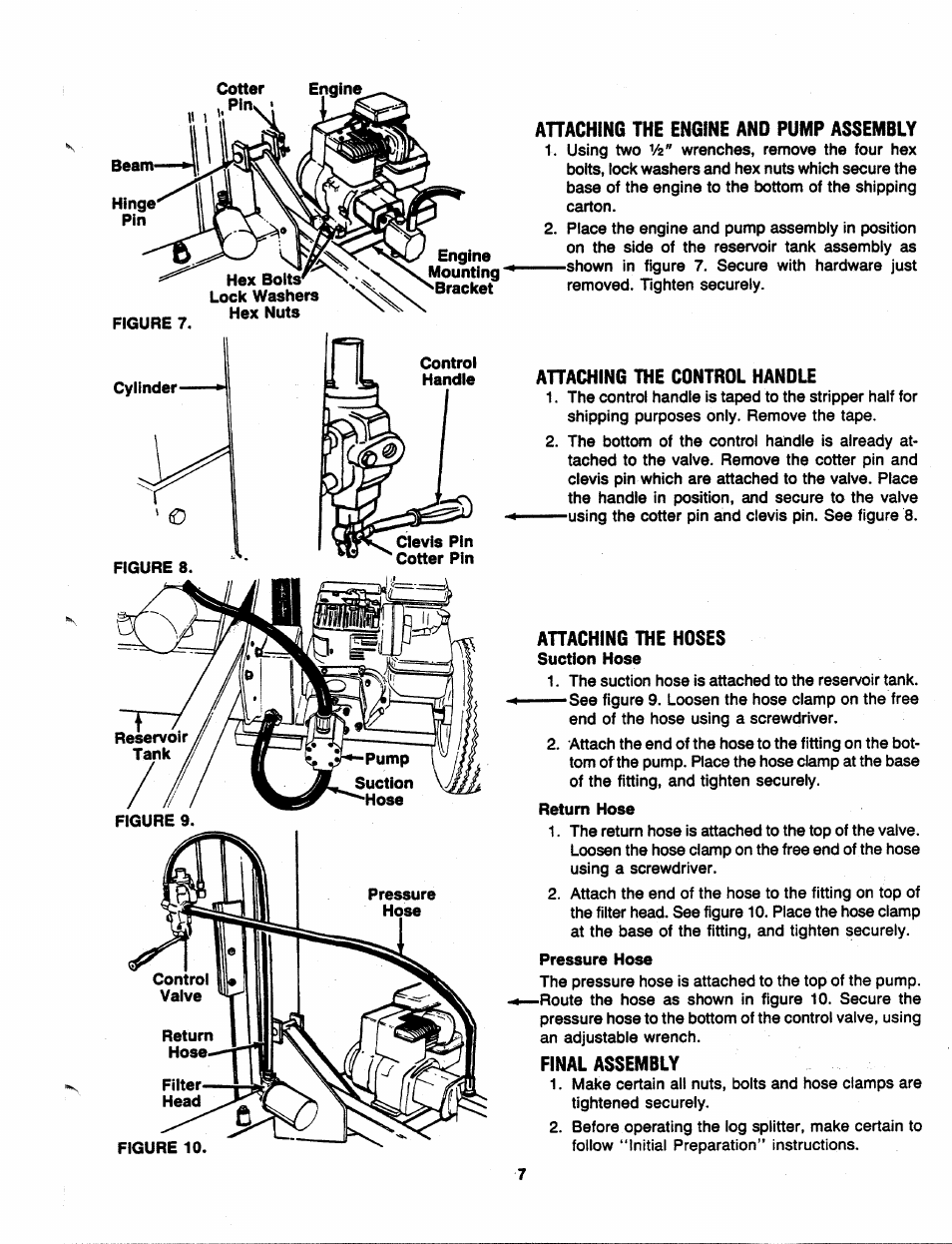 Ahaching the engine and pump assembly, Ahaching the control handle, Ahaching the hoses | Final assembly, Figure 9, Suction hose, Return hose, Pressure hose | MTD 241-521-000 User Manual | Page 7 / 18