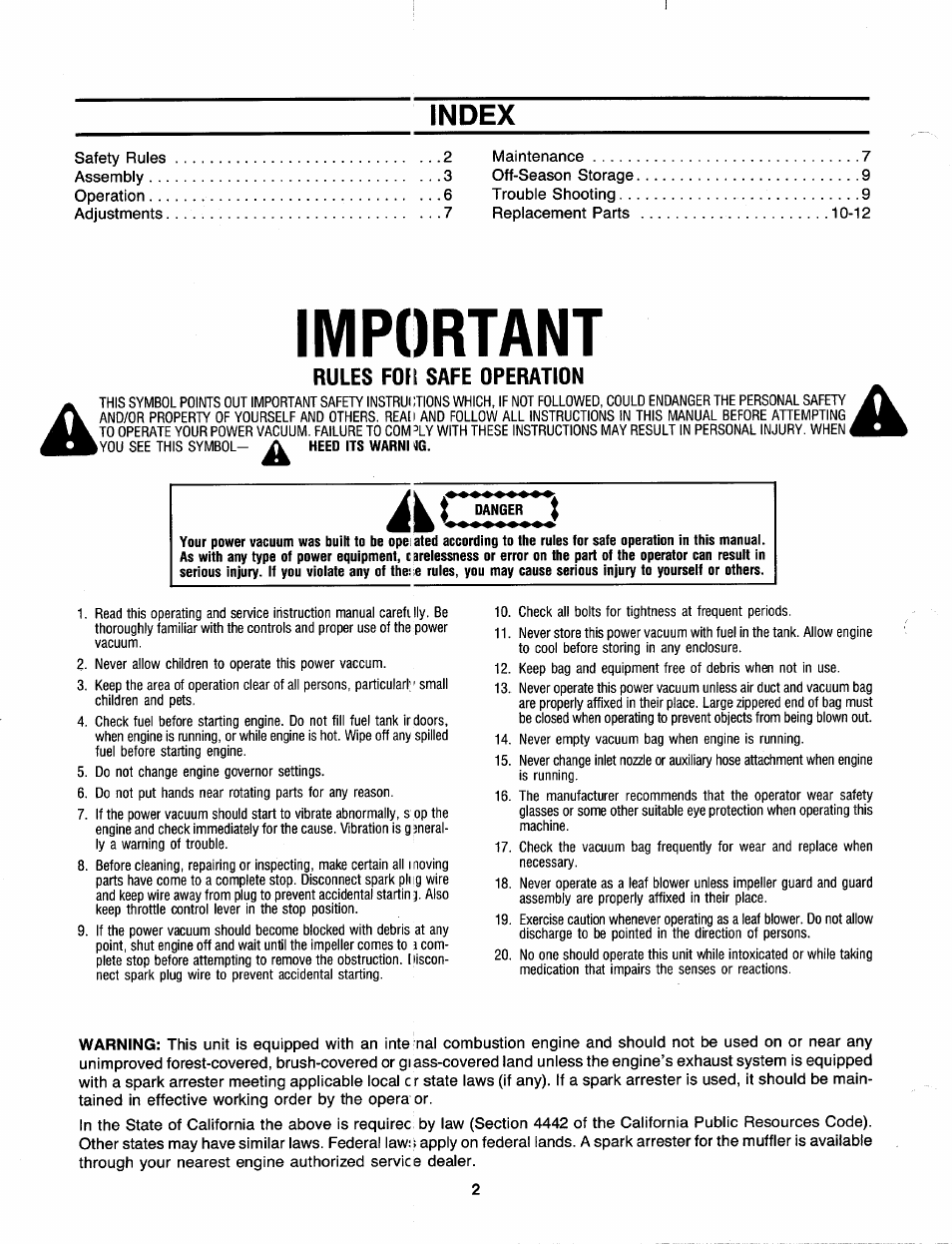 Index, Important | MTD 241-675-000 User Manual | Page 2 / 12