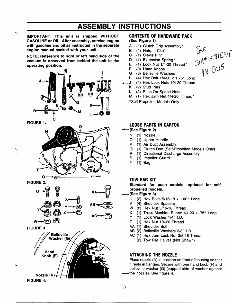 Assembly instructions, Nozzle (n)y-y figure 4, Contents of hardware pack | Loose parts in carton, Tow bar kit, Attaching the nozzle | MTD 241-675-000 User Manual | Page 3 / 12