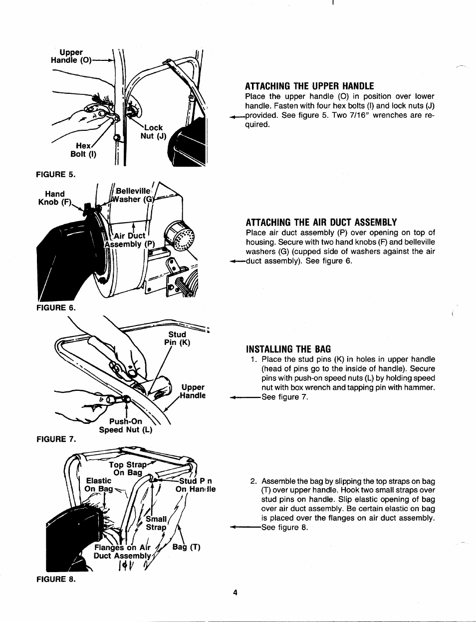 Attaching the upper handle, Attaching the air duct assembly, Installing the bag | MTD 241-675-000 User Manual | Page 4 / 12