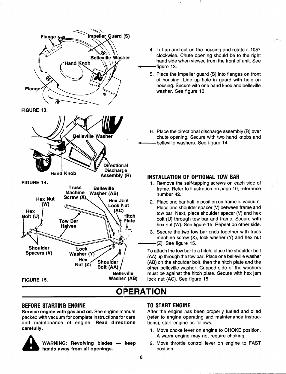 Installation of optional tow bar, Operation, Before starting engine | To start engine | MTD 241-675-000 User Manual | Page 6 / 12